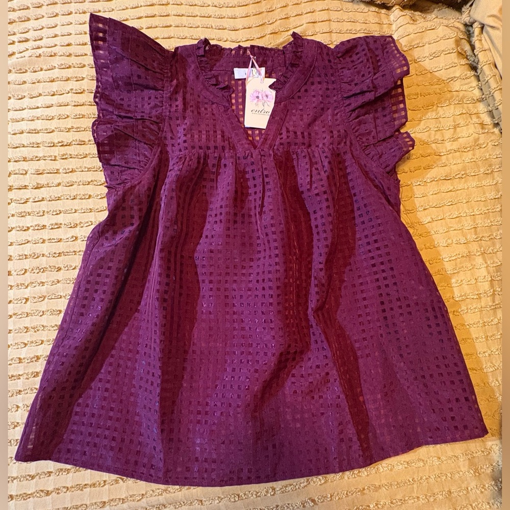 Burgundy Eyelet Ruffle Sleeve Top